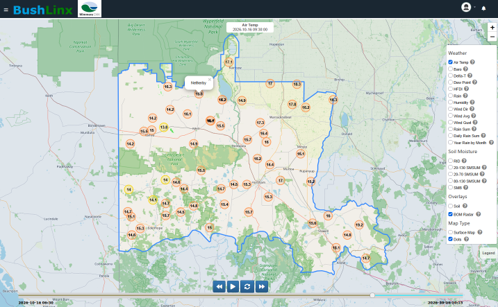 BushLinx live map with monitoring sites across South Australia and western Victoria, air temperature and rain radar overlaid